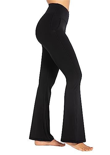 Sunzel Flare Leggings for Women with Pockets, Crossover Yoga Pants with Tummy Control, High Waisted and Wide Leg 32" Inseam Black X-Large