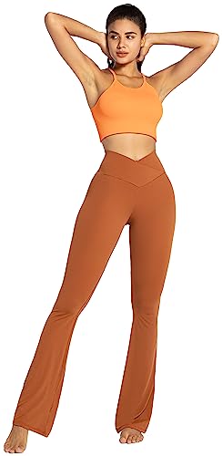 Sunzel Flare Leggings, Crossover Yoga Pants with Tummy Control, High-Waisted and Wide Leg, 30" Inseam, Coffee Medium