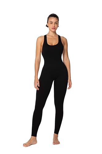 Sunzel Womens Sleeveless Body Suit with Butt Scrunch Leggings and Built-in Pad Seamless Ribbed Sexy Racer Back Jumpsuit (25" Inseam, Medium, Black)